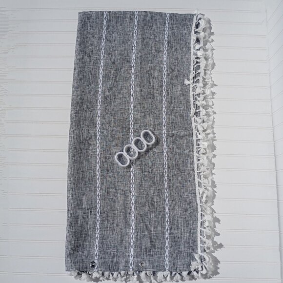 Dark Gray Linen Boho Shower Curtain with White Tassels Embroidered 72.5 x 73 NEW - Picture 6 of 15